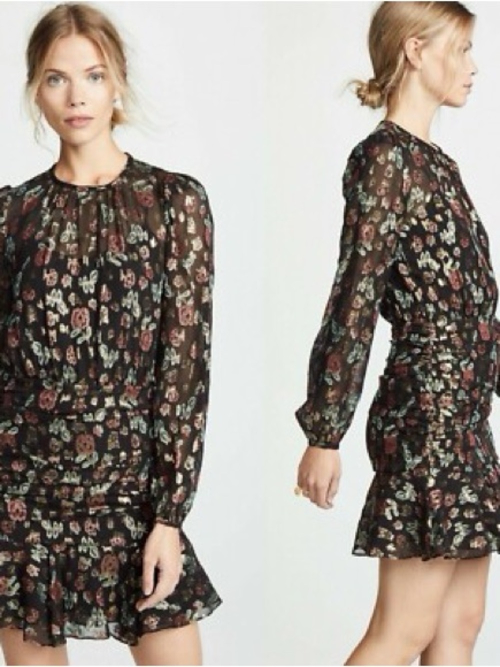 Veronica Beard Black Floral Long-Sleeve Mini Dress